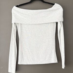 Light Grey Off-Shoulder Bardot Top Foldover Neckline Long Sleeve Top – Size S